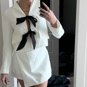 White Two-Piece Set with Black Bow Details